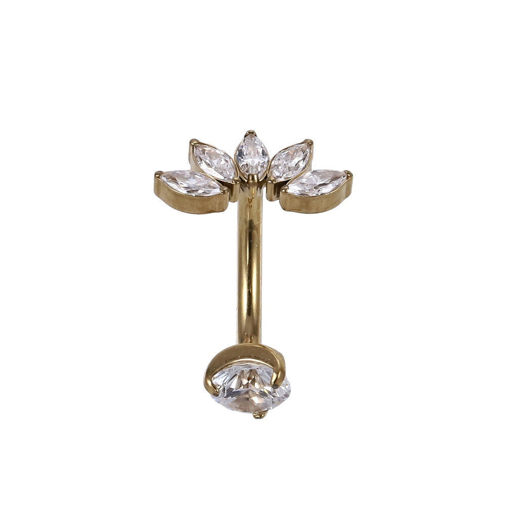 AAB Co G23 titanium internal thread belly bar with CZ leaf design in 14K gold finish
