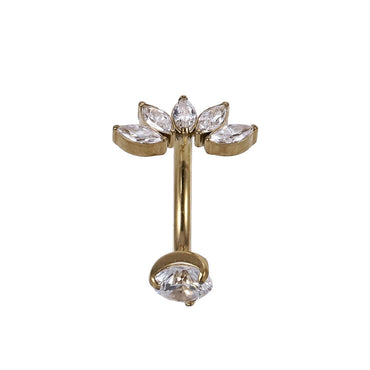 AAB Co G23 titanium internal thread belly bar with CZ leaf design in 14K gold finish
