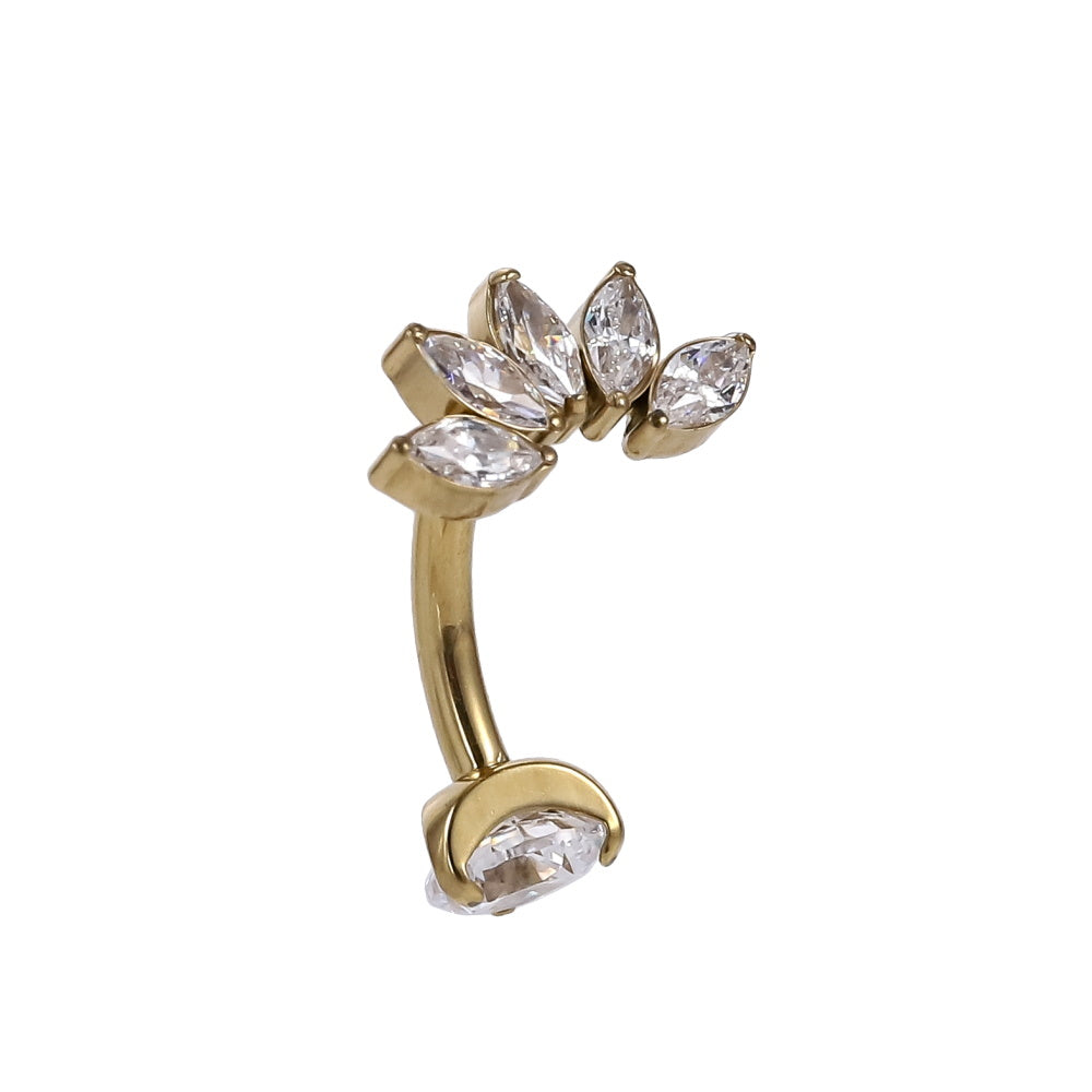 AAB Co G23 titanium internal thread belly bar with CZ leaf design in 14K gold finish
