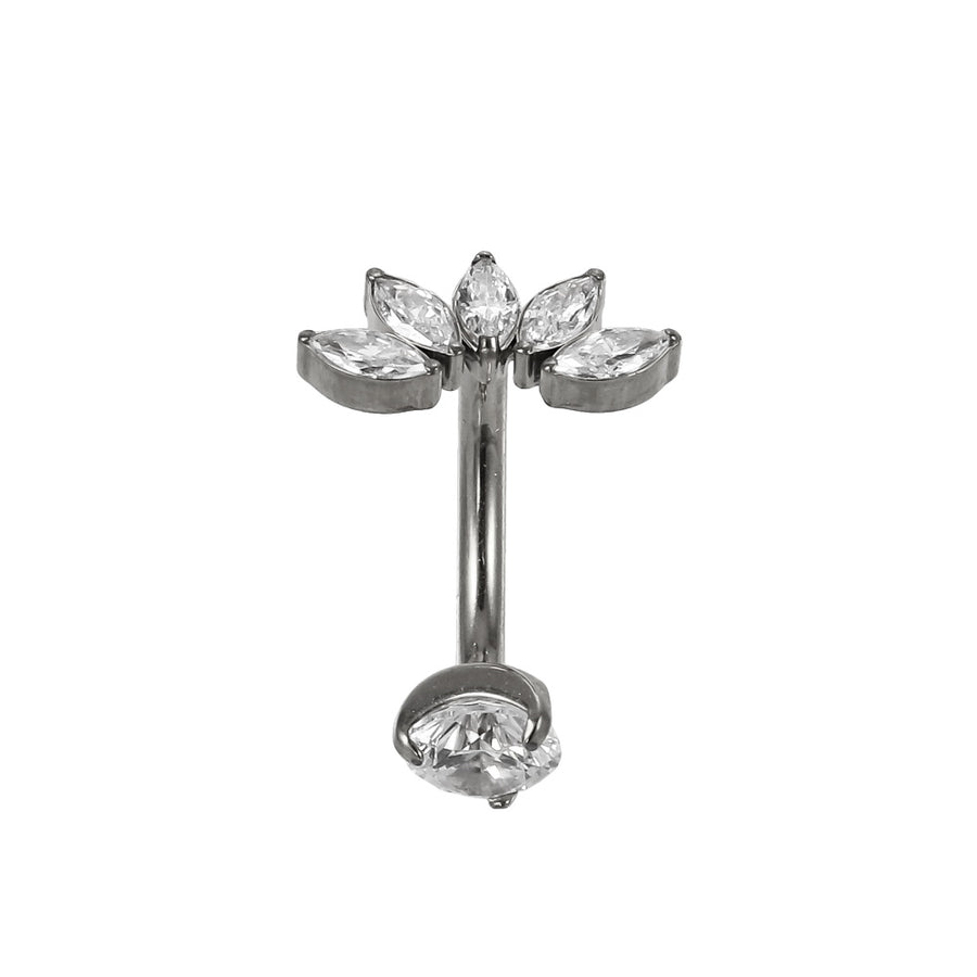 AAB Co G23 titanium internal thread belly bar with CZ leaf design in silver finish
