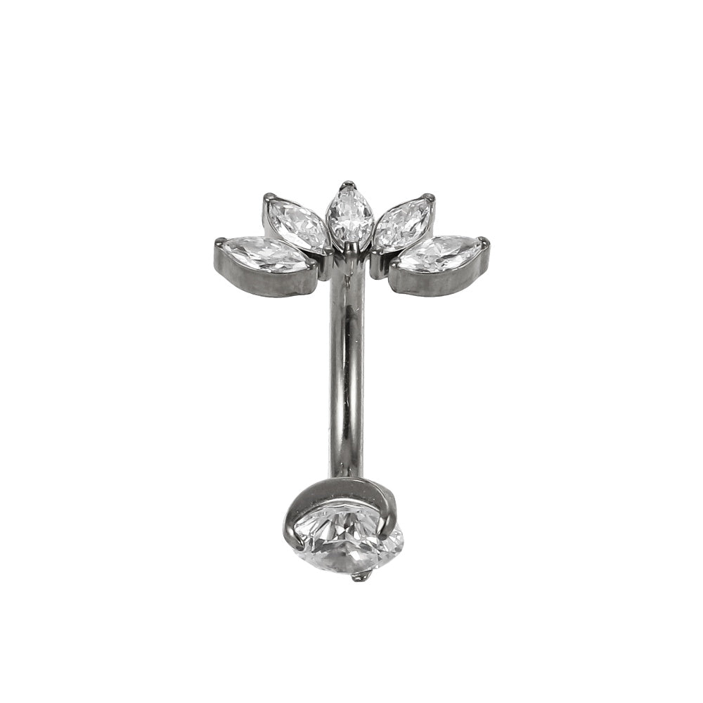 AAB Co G23 titanium internal thread belly bar with CZ leaf design in silver finish
