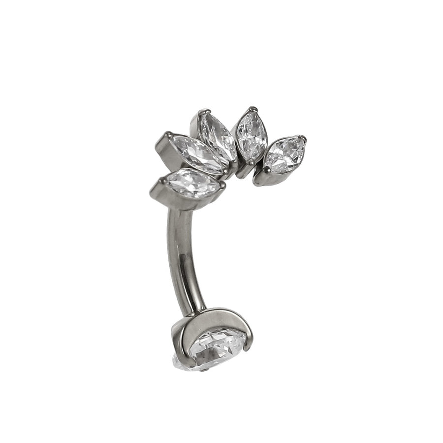 AAB Co G23 titanium internal thread belly bar with CZ leaf design in silver finish
