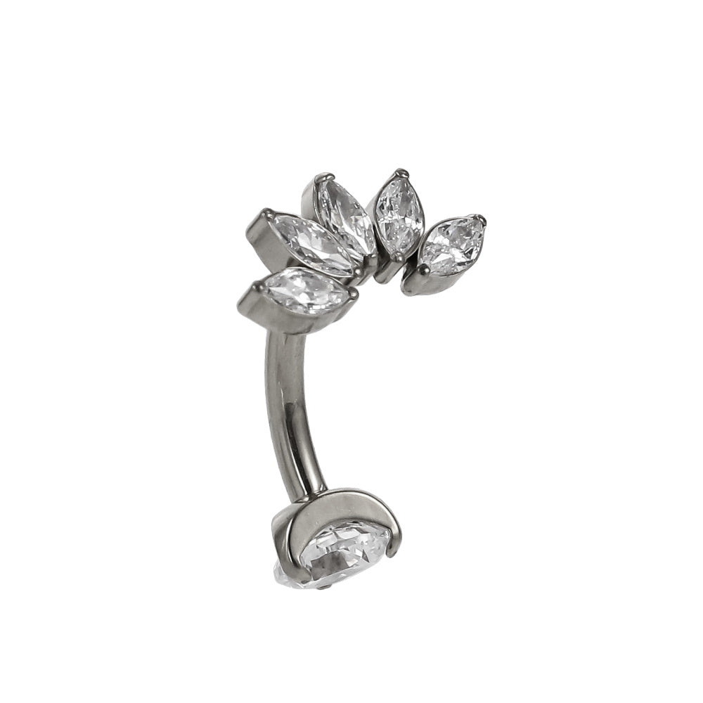 AAB Co G23 titanium internal thread belly bar with CZ leaf design in silver finish
