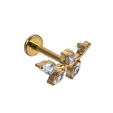 AAB Co G23 titanium internal thread labret with CZ leaf design in 14K gold finish
