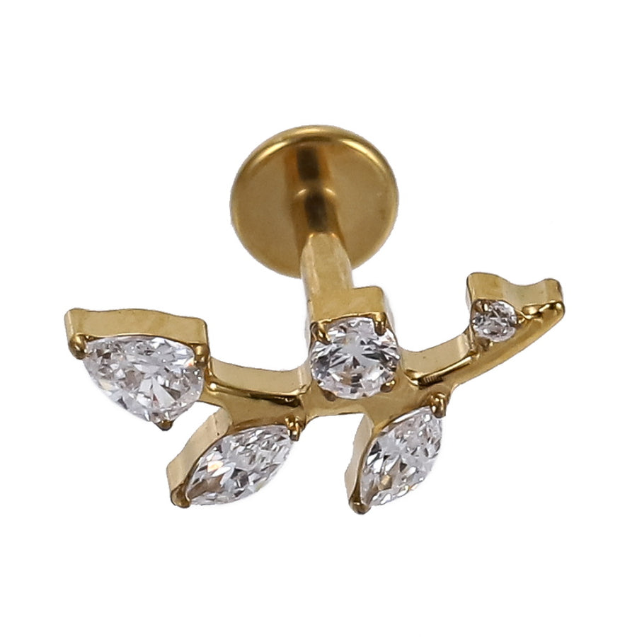 AAB Co G23 titanium internal thread labret with CZ leaf design in 14K gold finish
