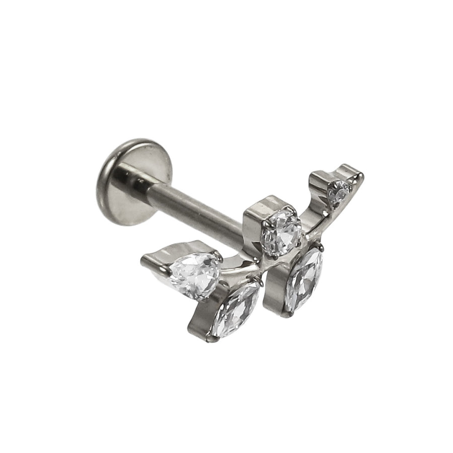 AAB Co G23 titanium internal thread labret with CZ leaf design in silver finish
