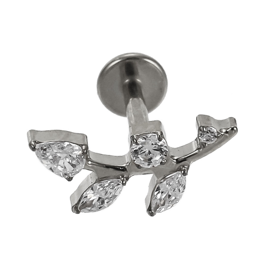 AAB Co G23 titanium internal thread labret with CZ leaf design in silver finish
