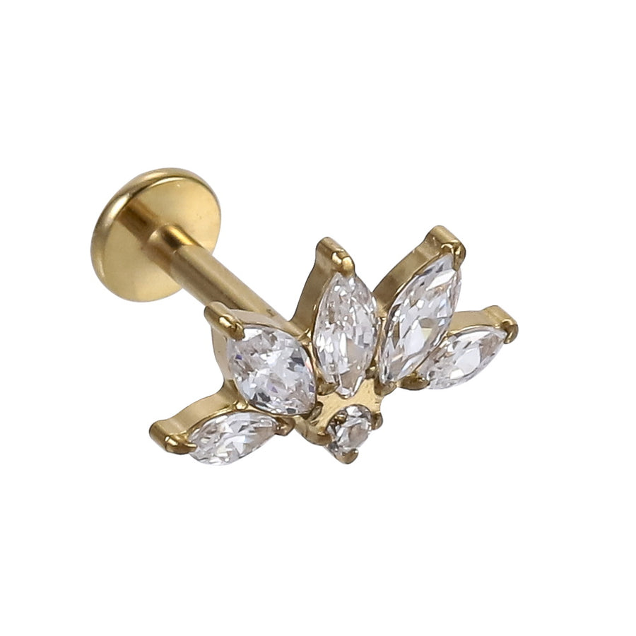 AAB Co G23 titanium internal thread labret with CZ cluster design in 14K gold finish
