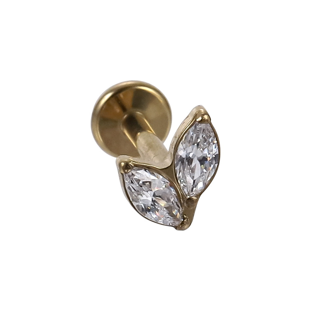 AAB Co G23 titanium internal thread labret with CZ marquise design in 14K gold finish
