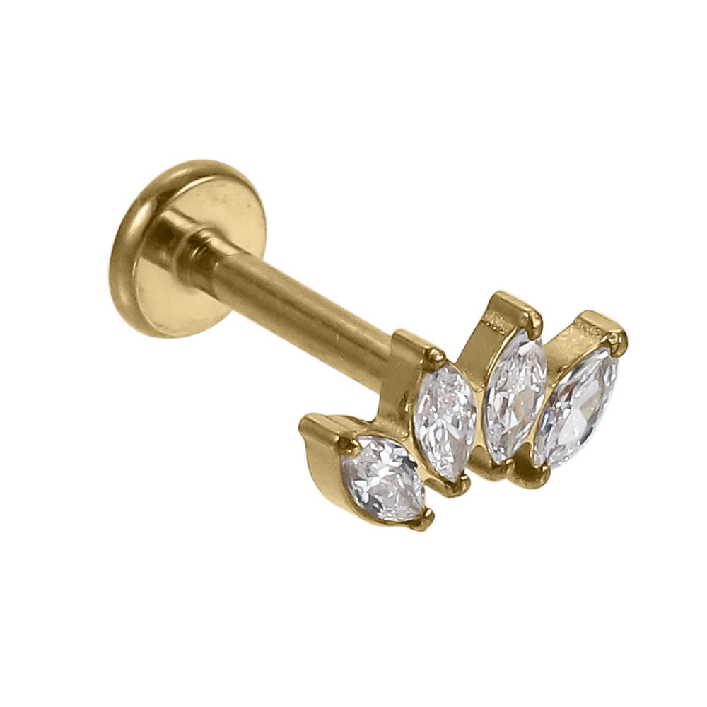 AAB Co G23 titanium internal thread labret with triple marquise CZ design in 14K gold finish
