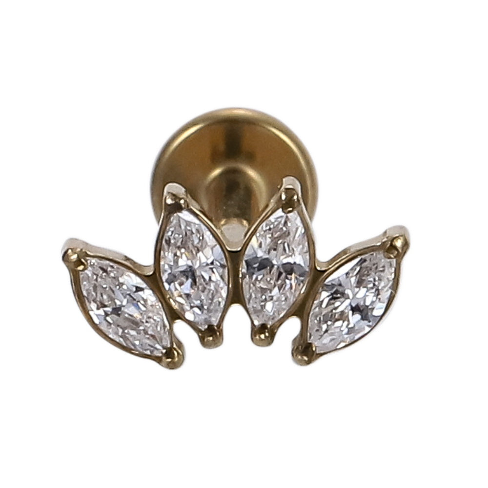 AAB Co G23 titanium internal thread labret with triple marquise CZ design in 14K gold finish
