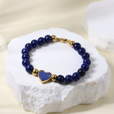 BSS1021 STAINLESS STEEL BEADS BRACELET WITH HEART-SHAPED LAPIS