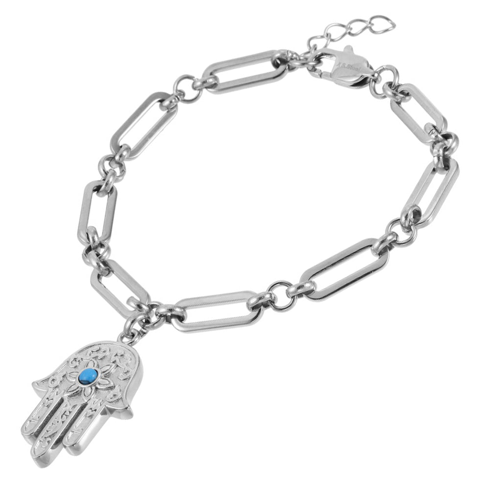 BSS1029 STAINLESS STEEL HAMSA BRACELET WITH SYNTHETIC TURQUOISE