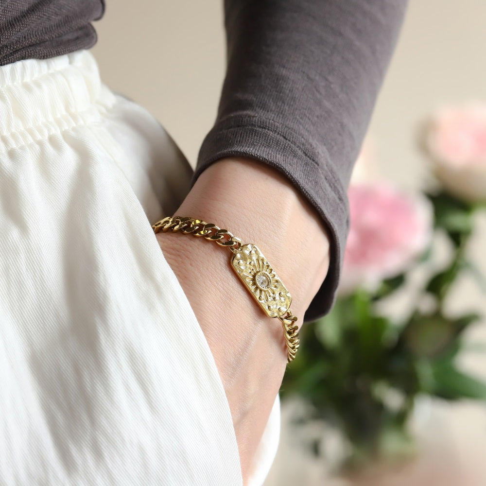 BSS1057 STAINLESS STEEL ID PLATE BRACELET WITH CZ