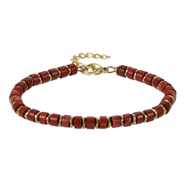AAB Co stainless steel and hematite beads bracelet with red stone, 14K gold finish