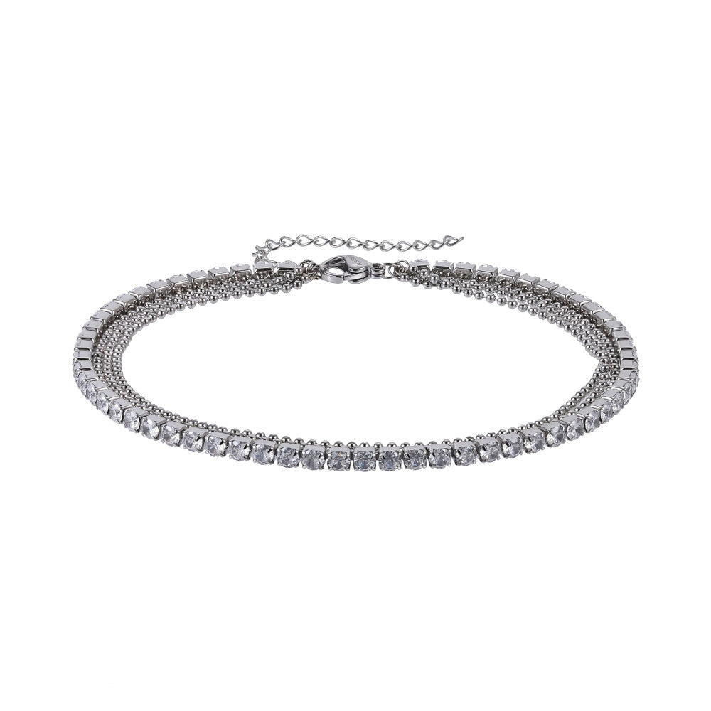 BSS1098 STAINLESS STEEL ANKLET WITH BALL CHAIN & TENNIS CHAIN
