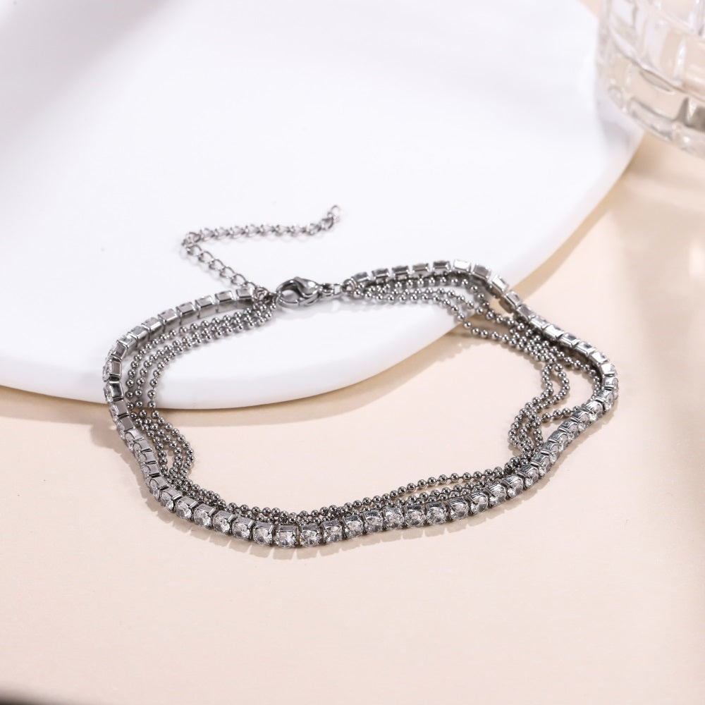 BSS1098 STAINLESS STEEL ANKLET WITH BALL CHAIN & TENNIS CHAIN