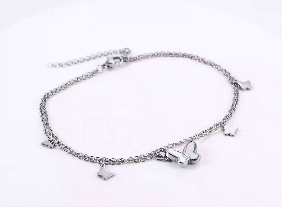 BSS1099 STAINLESS STEEL ANKLET WITH BUTTERFLY CHARM & DOUBLE CHAIN