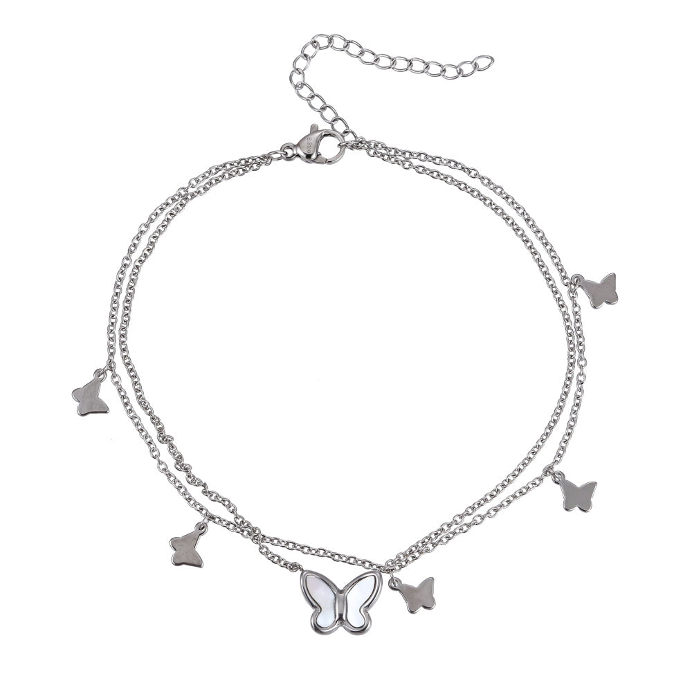 BSS1099 STAINLESS STEEL ANKLET WITH BUTTERFLY CHARM & DOUBLE CHAIN