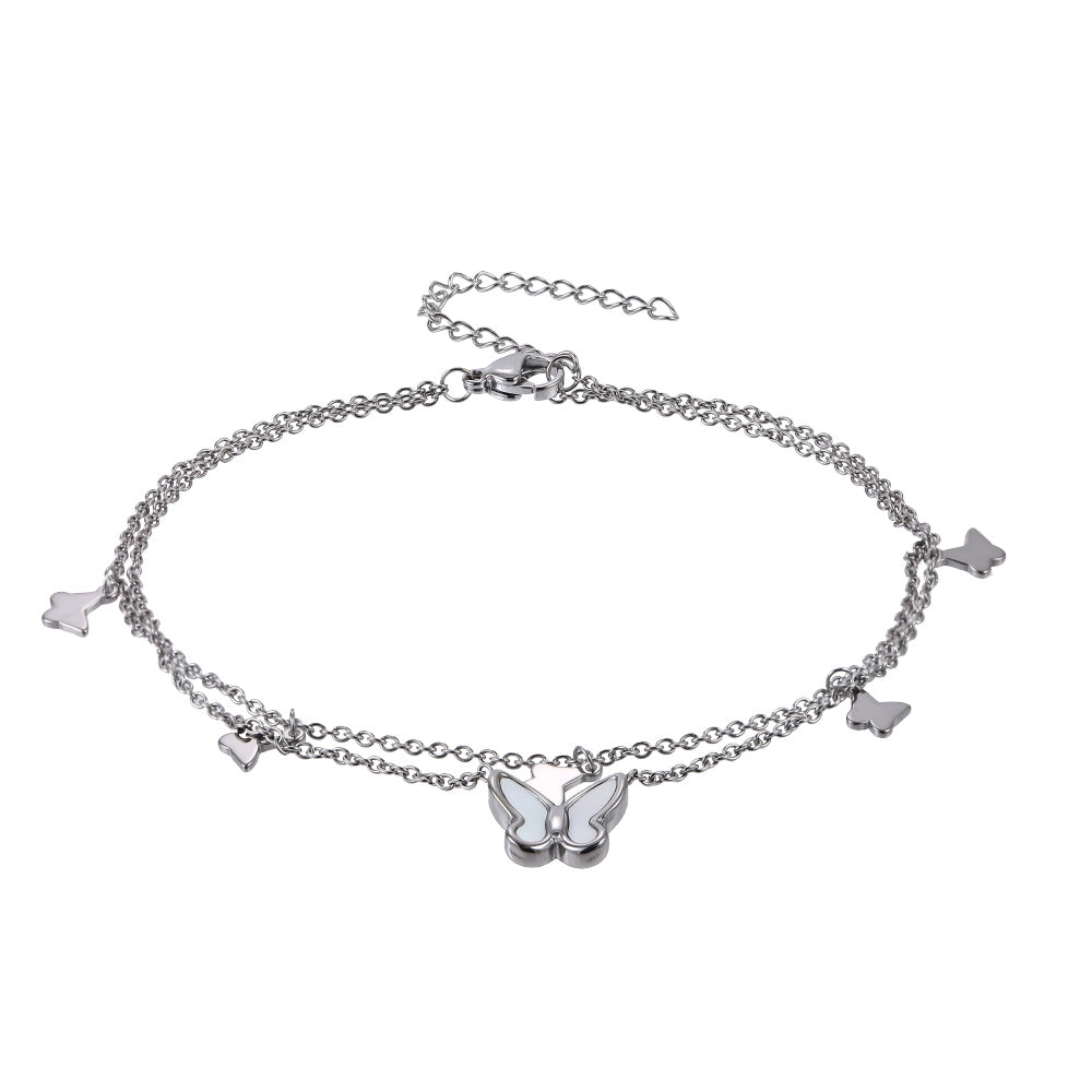 BSS1099 STAINLESS STEEL ANKLET WITH BUTTERFLY CHARM & DOUBLE CHAIN