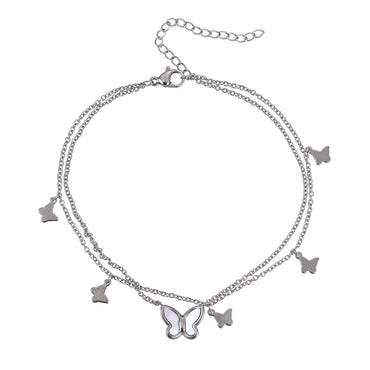BSS1099 STAINLESS STEEL ANKLET WITH BUTTERFLY CHARM & DOUBLE CHAIN