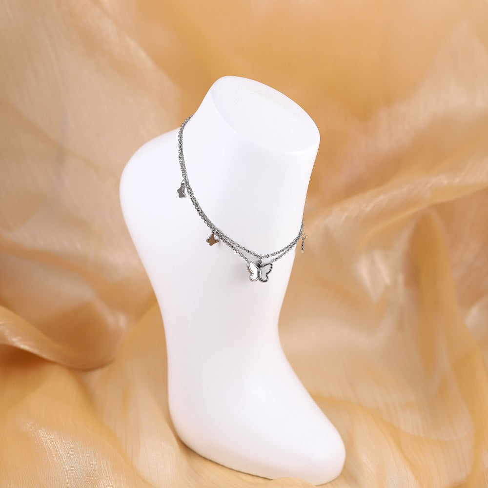 BSS1099 STAINLESS STEEL ANKLET WITH BUTTERFLY CHARM & DOUBLE CHAIN