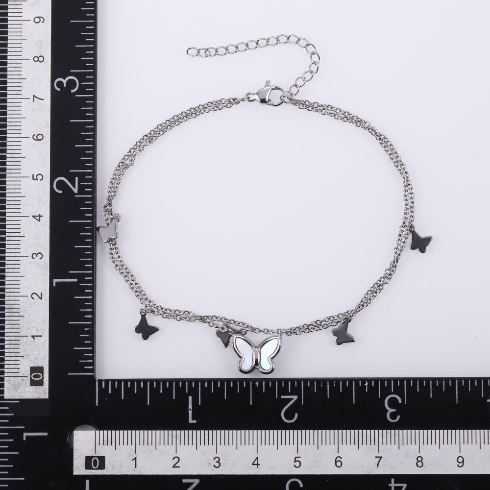 BSS1099 STAINLESS STEEL ANKLET WITH BUTTERFLY CHARM & DOUBLE CHAIN