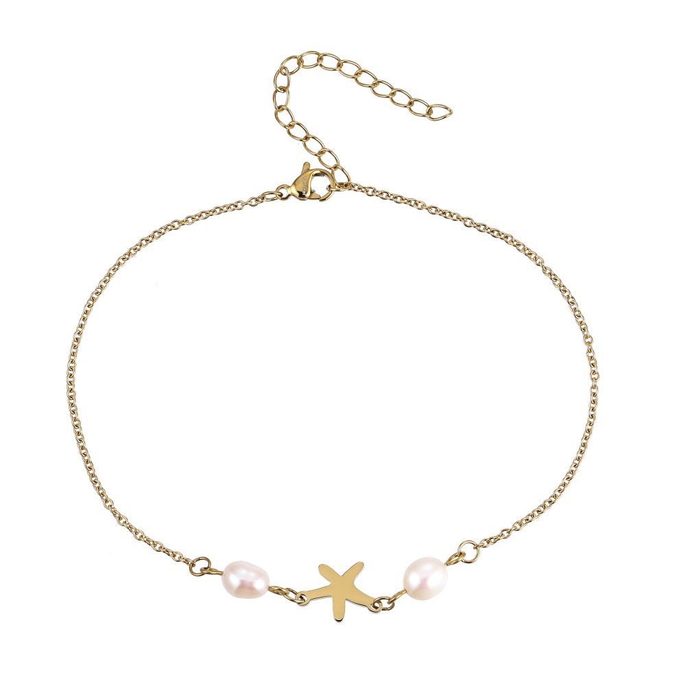 BSS1100 STAINLESS STEEL ANKLET WITH STARFISH CHARM & FRESH WATER PEARL