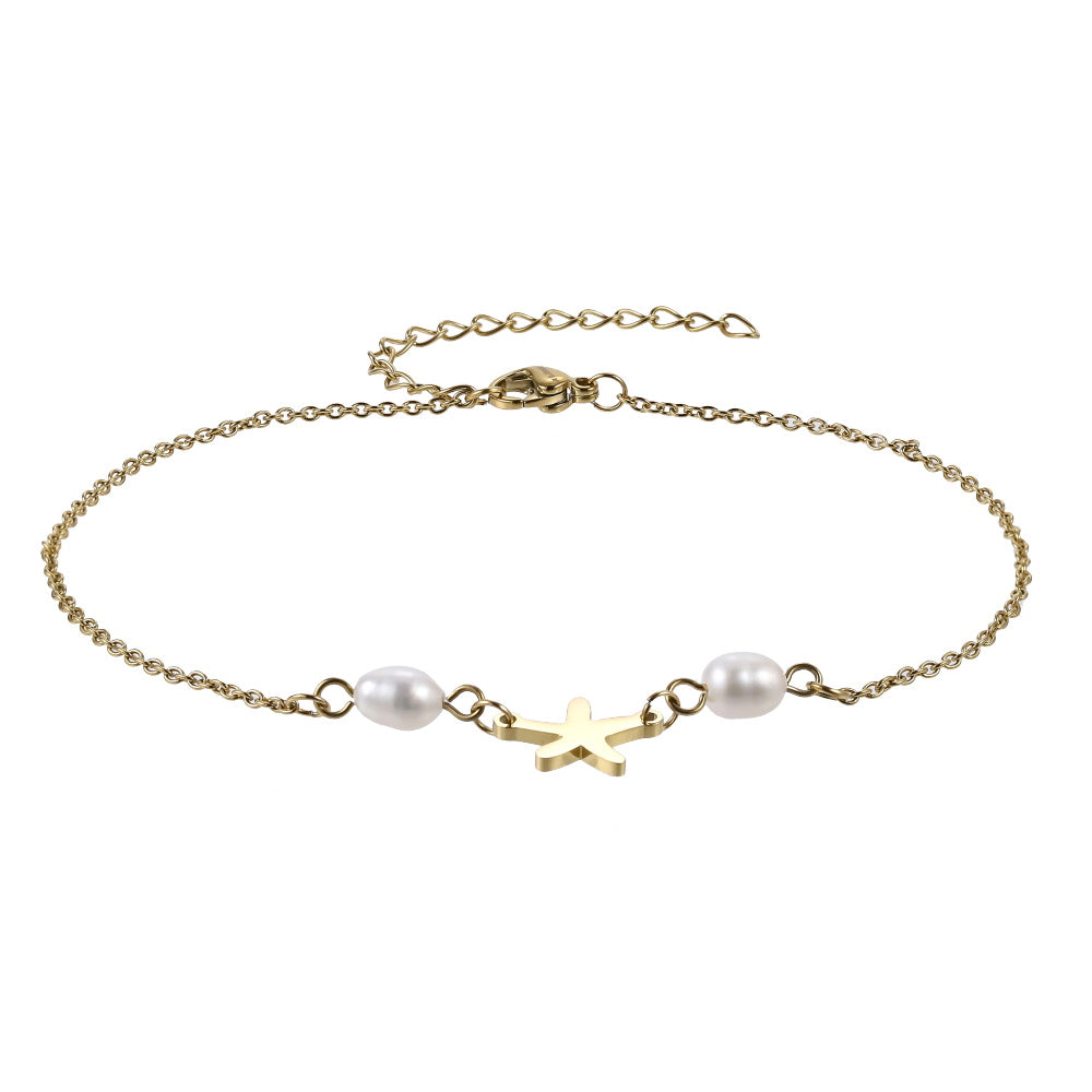 BSS1100 STAINLESS STEEL ANKLET WITH STARFISH CHARM & FRESH WATER PEARL