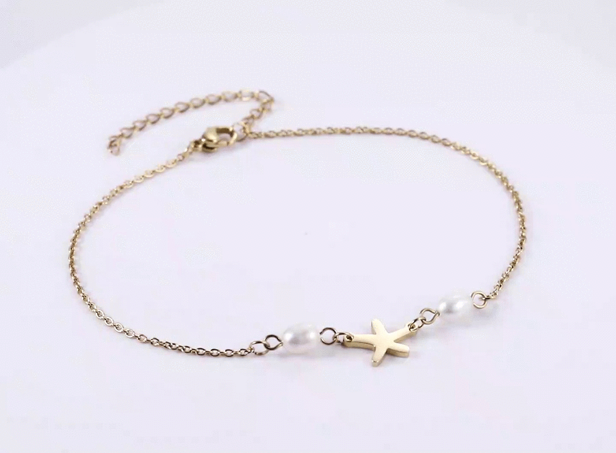 BSS1100 STAINLESS STEEL ANKLET WITH STARFISH CHARM & FRESH WATER PEARL