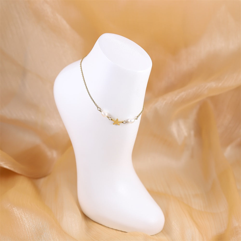 BSS1100 STAINLESS STEEL ANKLET WITH STARFISH CHARM & FRESH WATER PEARL