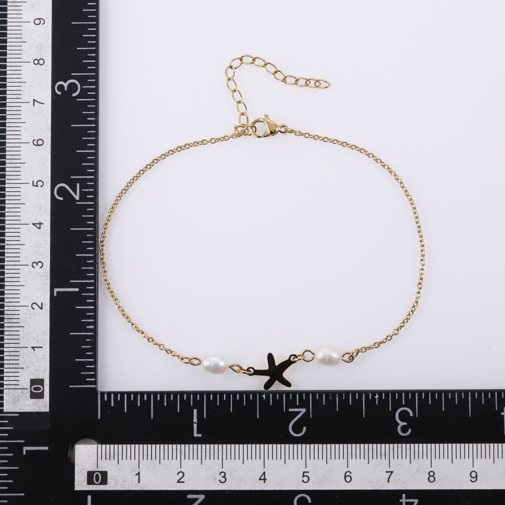 BSS1100 STAINLESS STEEL ANKLET WITH STARFISH CHARM & FRESH WATER PEARL