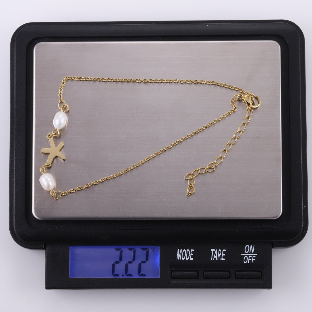 BSS1100 STAINLESS STEEL ANKLET WITH STARFISH CHARM & FRESH WATER PEARL
