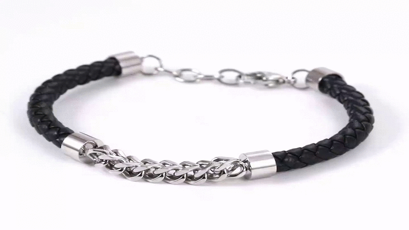 BSS1102 STAINLESS STEEL CHAIN & LEATHER BRACELET