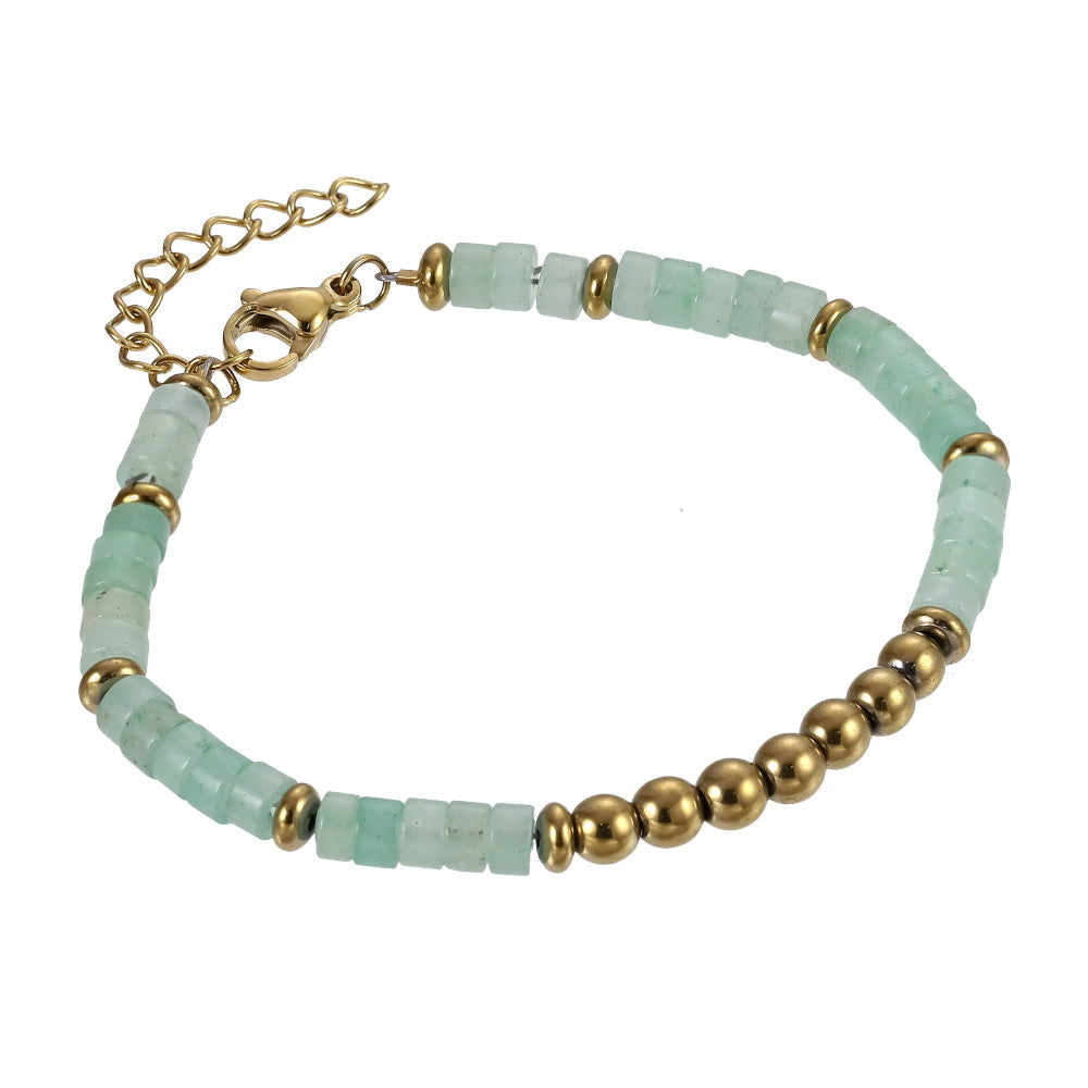 AAB Co stainless steel bracelet with hematite and natural green aventurine beads, 14K gold finish
