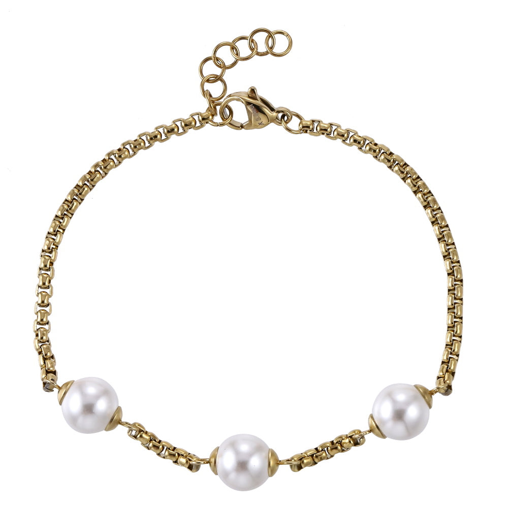 AAB Co stainless steel bracelet with round shell pearl in 14K gold finish