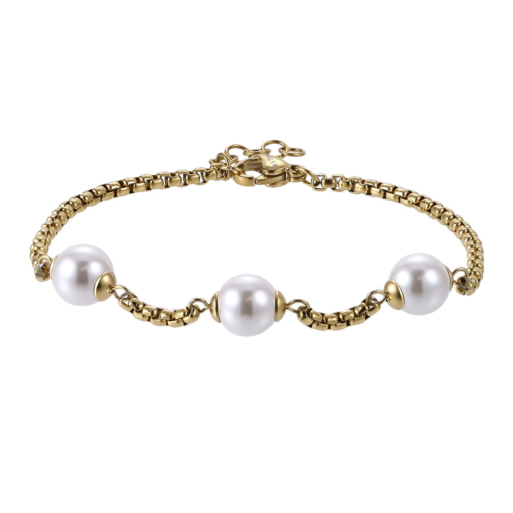 AAB Co stainless steel bracelet with round shell pearl in 14K gold finish