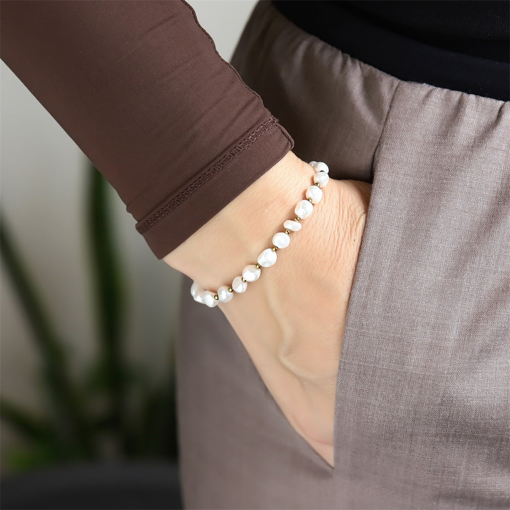 BSS1114 STAINLESS STEEL BRACELET WITH HEMATITE&SHELL PEARL