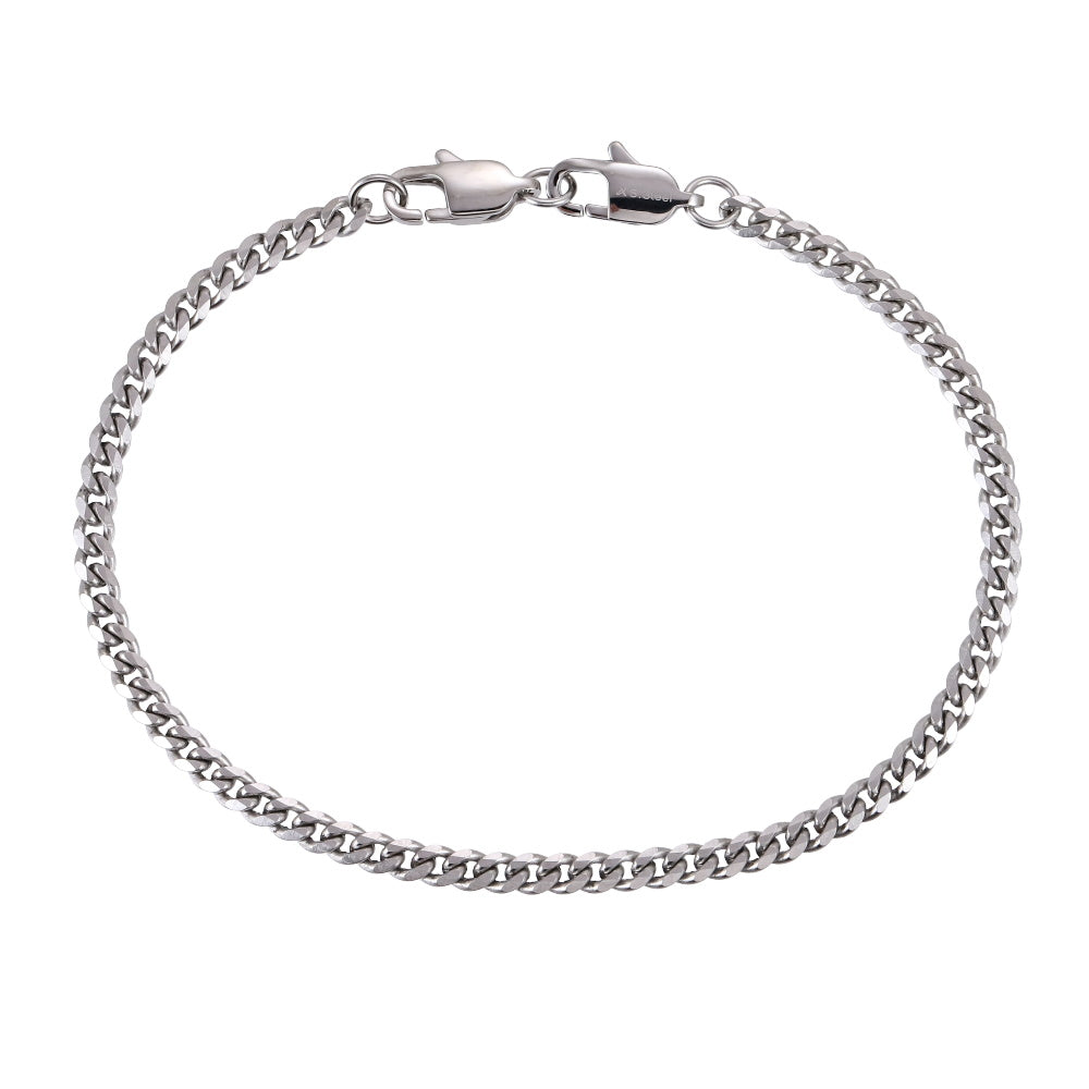 AAB Co. Stainless Steel Faceted Flat Curb Chain Bracelet with Dual Lobster Clasps – Silver Finish