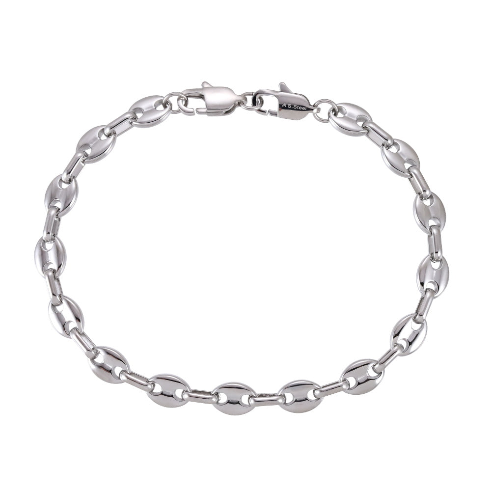 Stainless Steel Coffee Bean Chain Bracelet with Dual Lobster Clasps – Shiny Steel Finish