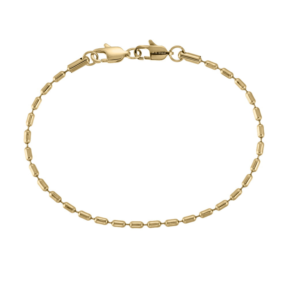 Stainless Steel Oval Bead Chain Bracelet with Dual Lobster Clasps – 14K Gold Plated Finish