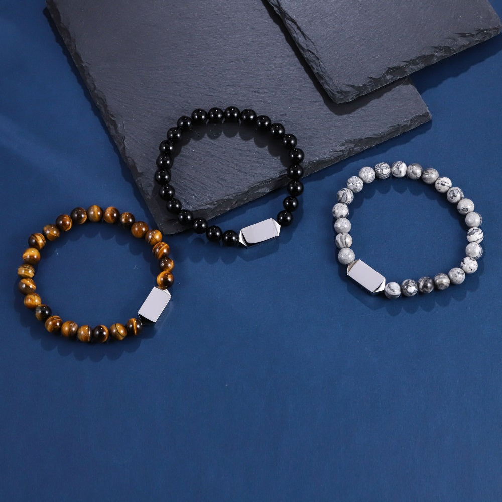 BSS1127 STAINLESS STEEL ELASTIC BEADS BRACELET WITH ID PLATE