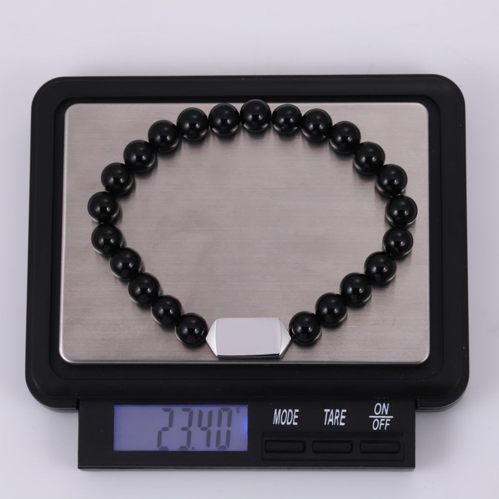 BSS1127 STAINLESS STEEL ELASTIC BEADS BRACELET WITH ID PLATE