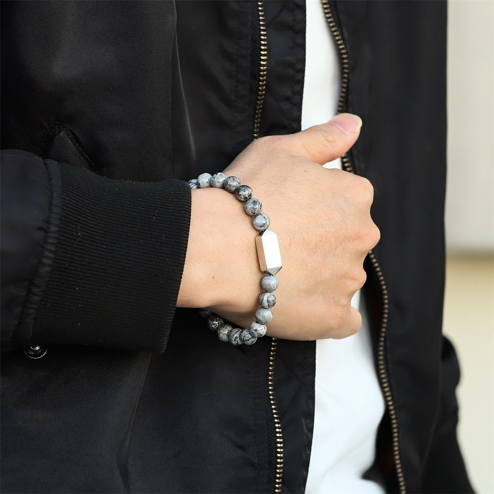 BSS1127 STAINLESS STEEL ELASTIC BEADS BRACELET WITH ID PLATE