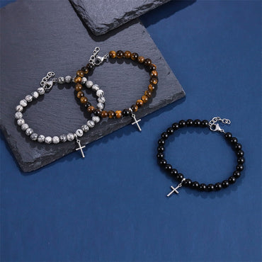 BSS1129 STAINLESS STEEL NATURAL STONE BEADS BRACELET WITH CROSS CHARM