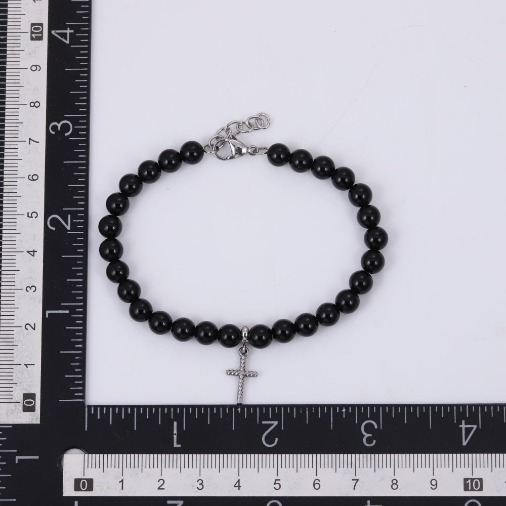 BSS1129 STAINLESS STEEL NATURAL STONE BEADS BRACELET WITH CROSS CHARM
