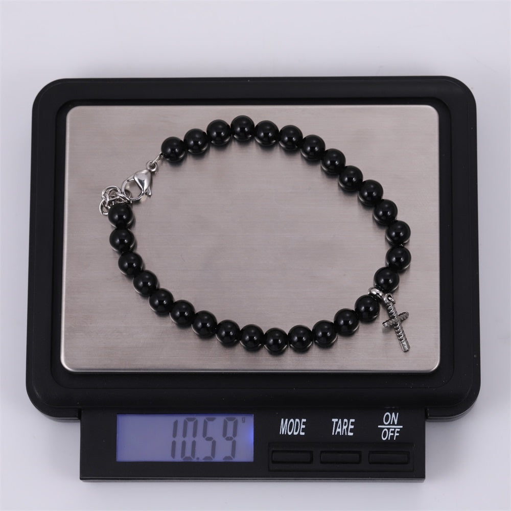 BSS1129 STAINLESS STEEL NATURAL STONE BEADS BRACELET WITH CROSS CHARM