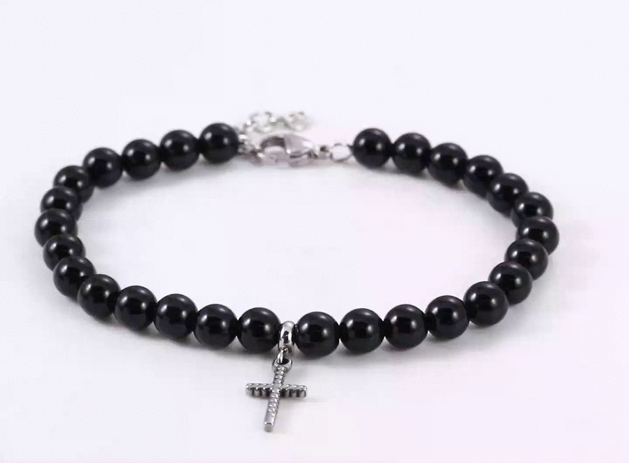 BSS1129 STAINLESS STEEL NATURAL STONE BEADS BRACELET WITH CROSS CHARM