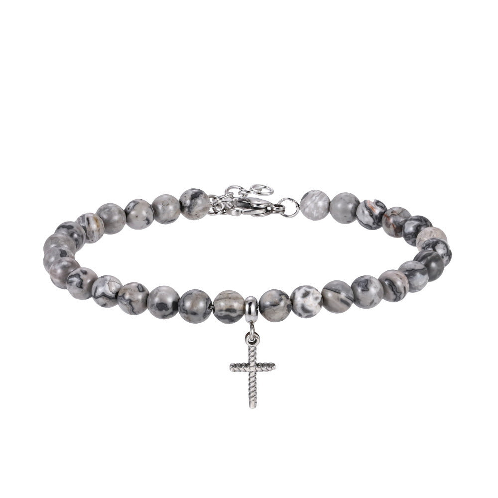 BSS1129 STAINLESS STEEL NATURAL STONE BEADS BRACELET WITH CROSS CHARM