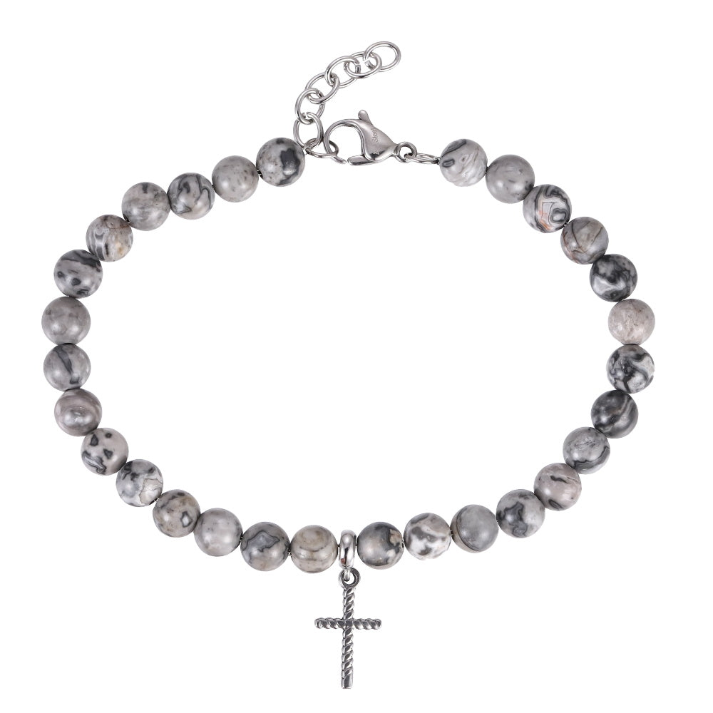 BSS1129 STAINLESS STEEL NATURAL STONE BEADS BRACELET WITH CROSS CHARM